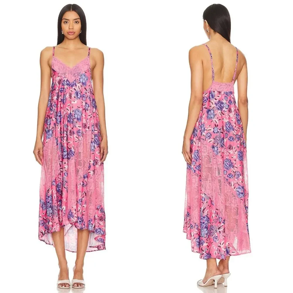 Free People First Date Maxi Slip Dress Sweet Pink Combo XS